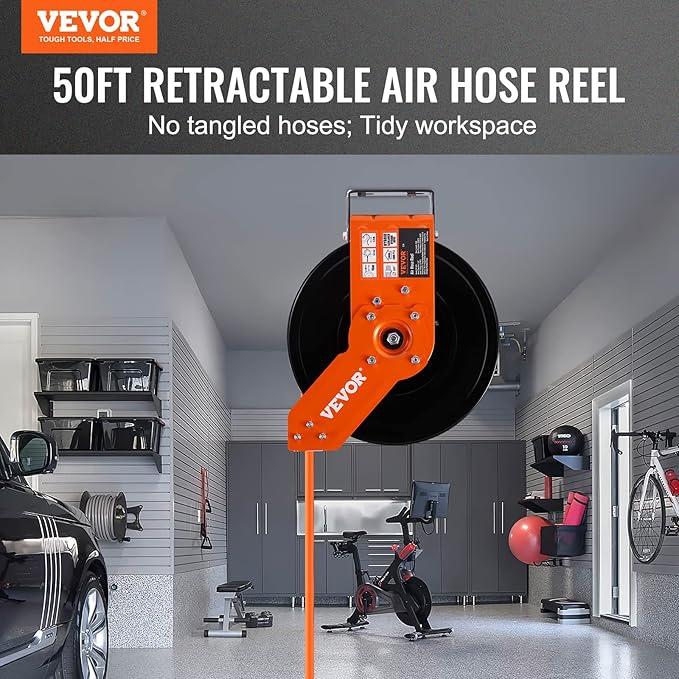VEVOR Retractable Air Hose Reel, 3/8 IN x 50 FT Hybrid Air Hose Max 300PSI, Air Compressor Hose Reel with 5 ft Lead in, Ceiling/Wall Mount Heavy Duty Single Arm Steel Reel