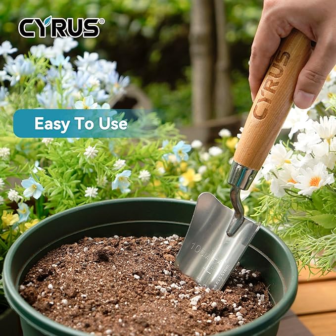 CYRUS Garden Shovel with Measurement Mark,Small Shovels for Gardening with Ash Wood Handle,12.4''Stainless Steel Hand Shovel Garden Spade Potting Soil Scoop for Gardening Planting,Transplanting