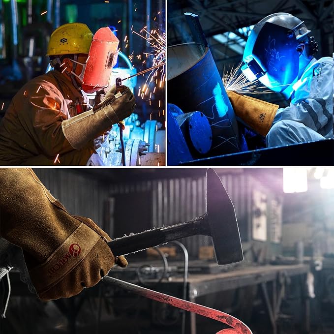 Leather Welding Gloves for Men, Welders Gloves Fireproof and Heat Resistant Mitts for Barbecue, Cooking, Firefighting, Fireplace, Oven, Baking, Stove, Pot Holder, Yark Work Thorn Proof