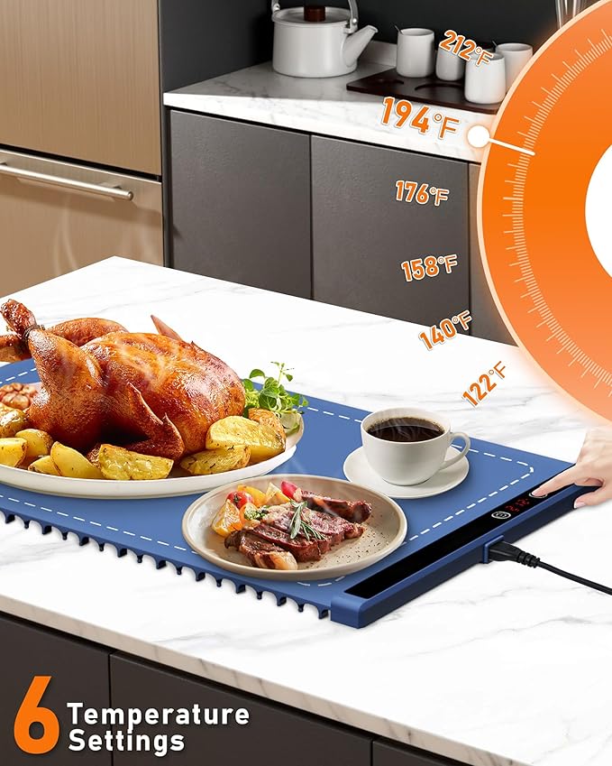 Warming Mat for Food, Silicone Rapid Full-Surface Heating Electric Warming Tray with 6 Adjustable Temperature, 24"x15" Fordable Versatile Food Warmer Mat for Parties, Buffet, Gatherings & Daily Use