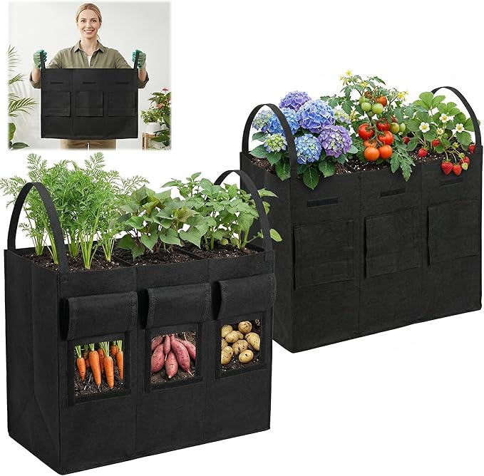 16 Gallon 2 Pack Potato Grow Bags with Harvest Window & Handles, 3-Compartment Nonwoven Fabric Planters Grow Bags for Potatoes, Potato Planter for Growing Tomato, Vegetables, Flower