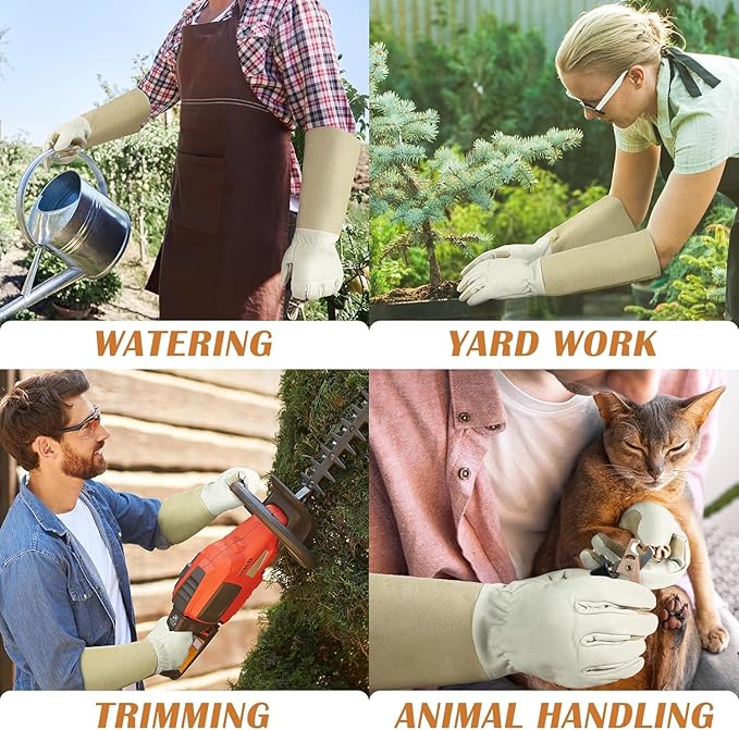 Rose Pruning Gloves for Men & Women, Long Thorn Proof Gardening Gloves, Breathable Pigskin Leather Gauntlet, Best Garden Gifts & Tools for Gardener(Beige White, M)