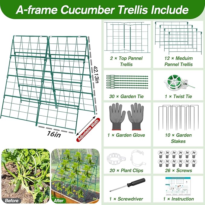 Cucumber Trellis for Raised Bed A Frame Metal Garden Trellis for Climbing Plants Outdoor, 42 x 32IN Foldable Coated Steel Cucumbers Trellis, Easy to Install Cucumber Trellis for Vegetable Fruit Flower