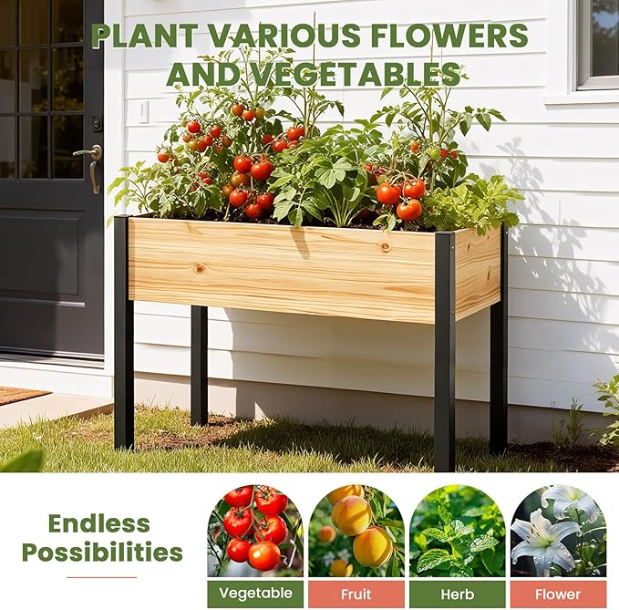 SUNYRISY Wooden Raised Garden Bed Outdoor with Metal Legs for Gardening, 45.6" L x 23.6" W x 31.5" H Elevated Planter Garden Box Raised Bed for Vegetable Flower Herb