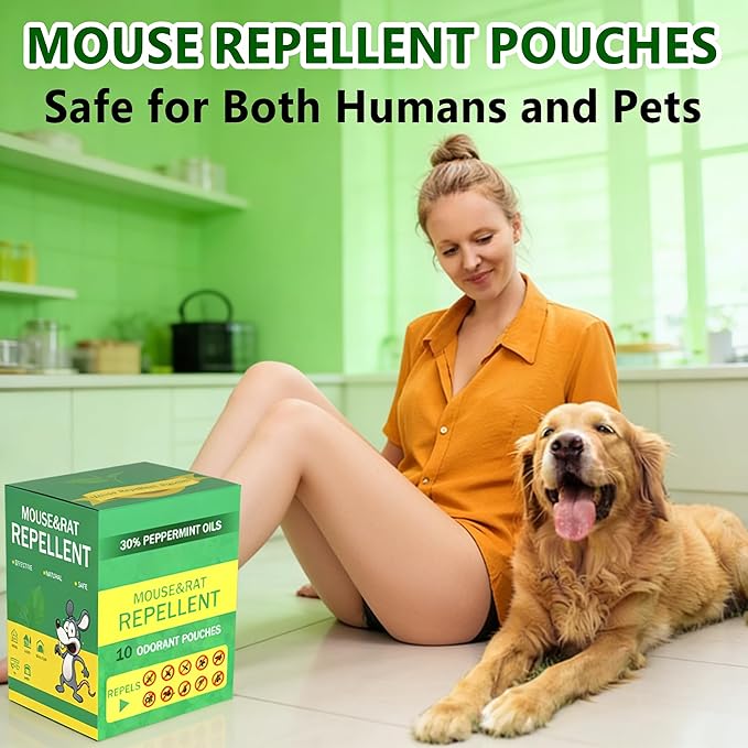 Mouse Repellent Pouches Squirrel Repellent 10Pack with Peppermint Oil: Natural Rodent Repellent Indoor to Get Rid of Rats, Mice, Squirrels - Rat Repellents for House, Car, and Outdoor