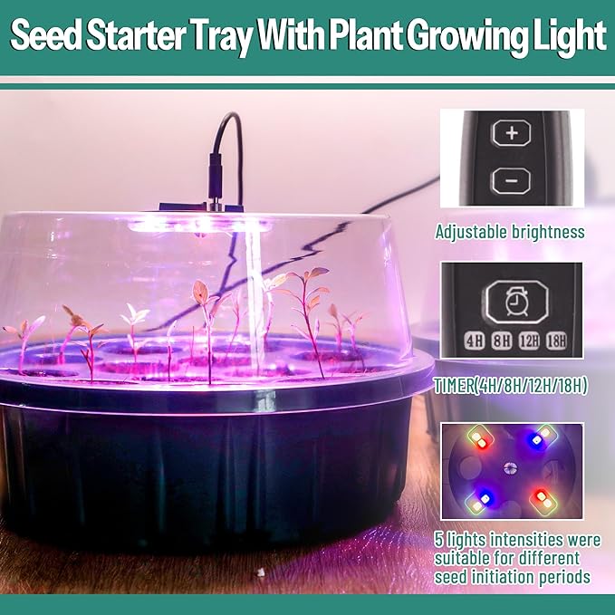 CJGQ 5Sets Seed Starter Tray with Grow Light,13-Hole Round Seedling Box,Elevated Seedling Starter Trays Kits with Adjustable Humidity Domes and Clear Cell Tray for Greenhouse Seeds Growing Starting
