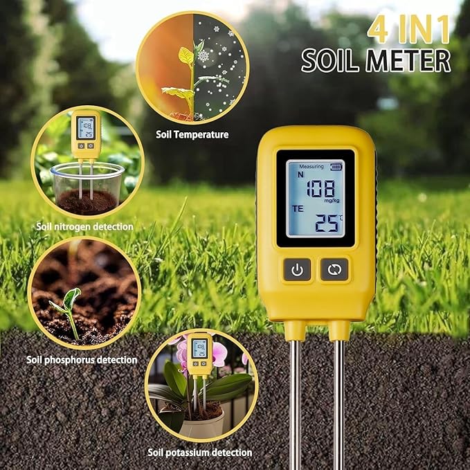 4 in 1 Npk Soil Tester, High Accuracy LCD Digital Soil Temperature Tester, Nitrogen Phosphorus Potassium & Temperature Measurement, for Garden Nutrients Lawn Plant Care Farm. ﻿