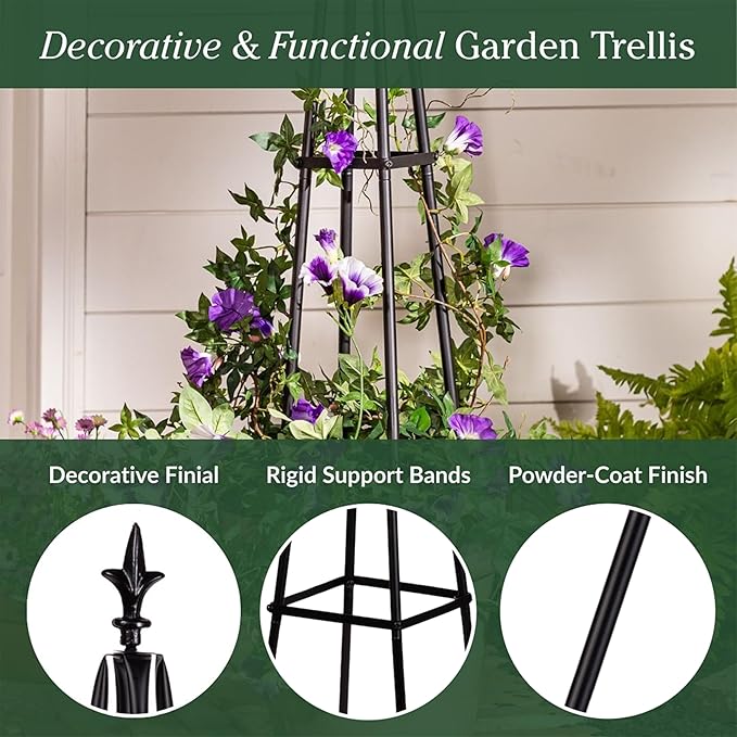 Evergreen Metal Garden Obelisk Trellis for Climbing Plants Outdoor, Indoor Plant Trellis for Potted Plants, Floral Pattern Arch Trellis (Black, 6 ft. Pyramid, Set of 2)