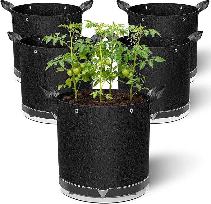 5 Pack 7 Gallon Self-Watering Grow Bags, Thick Nonwoven Fabric Pots with Support Rings and Reinforced Handles, Self-Watering Planters with Bottom Reservoir for Tomatoes Peppers Potatoes and Vegetables
