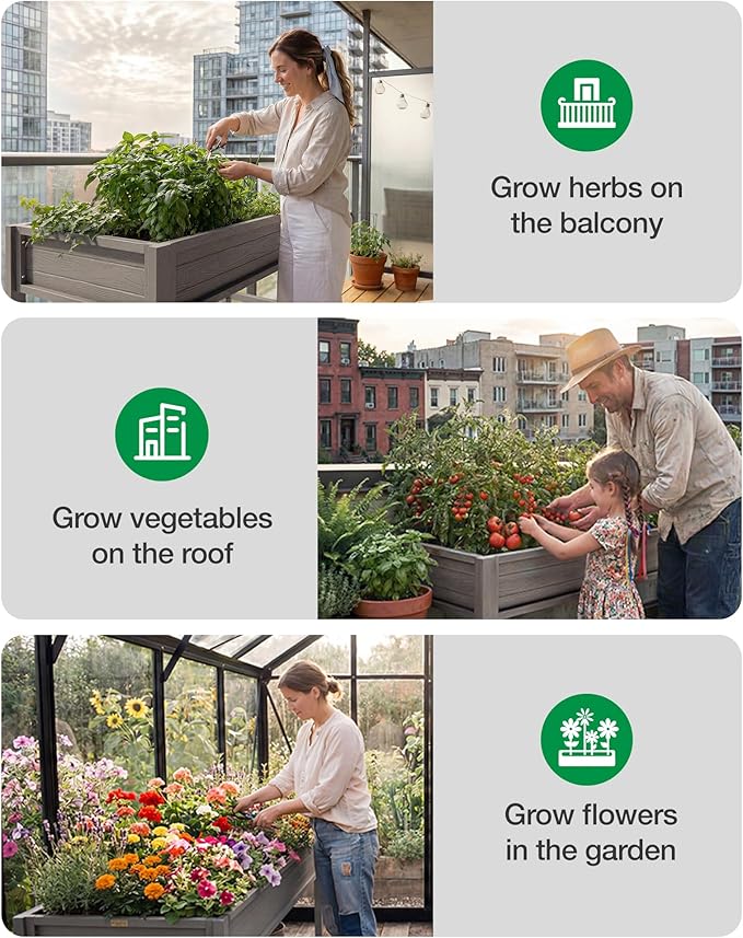 YEFU Raised Garden Beds Outdoor: 34x18x30in HIPS Raised Garden Bed for Balcony to Grow Herbs Vegetables Flowers - Planter Boxes Outdoor Withstands Moisture and UV Rays for Urban Greenery Grey