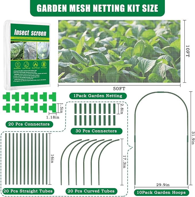 10 X 50 FT Garden Mesh Netting Kit Pest Barrier for Raised Beds, Fruit Tree Netting with 10 Sets Garden Hoops & 20 Clips for Cicadas Bird Insect, Blueberry Bush Netting Cover for Garden Protection