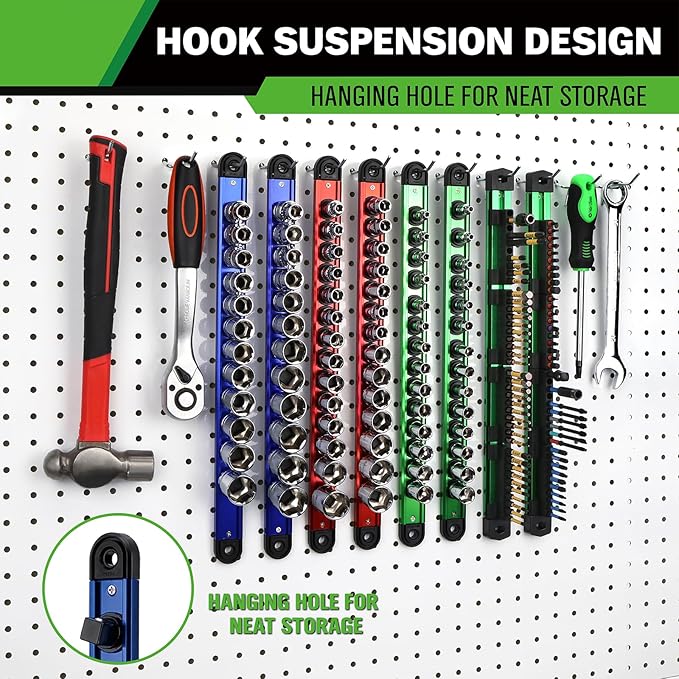 8-Piece Magnetic Socket & Bit Organizer Kit, 1/4'' 3/8'' 1/2'' Heavy Duty Socket Holder Holds 80 Clips, Aluminum Sockets Rail for Tool Box Drawer, 1/4'' Slidable Drill Bit Organizer Holds 80 Bits