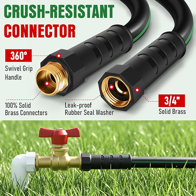 Heavy Duty Garden Hose 25 ft, NON-EXPANDABLE Water Hose with 10 Function Spray Nozzle, Lightweight Kink-less Hybrid Hose with Swivel Handle, Male to Female Fittings