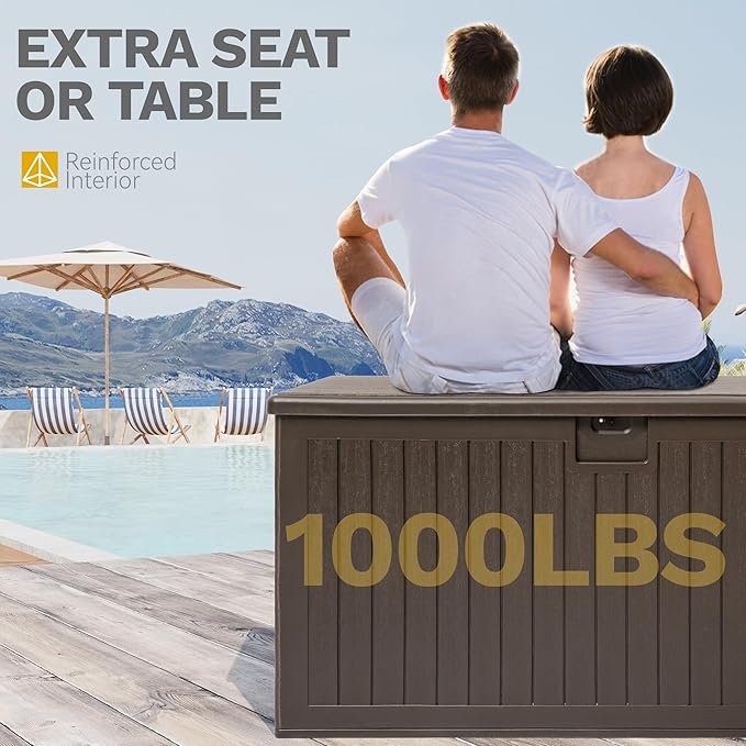 DWVO 230 Gallon Resin Outdoor Storage Box, XXL Double-Wall Waterproof Deck Box with Divider, Doubles as Table or Seating with 1000 lbs Capacity, Lockable (Brown)