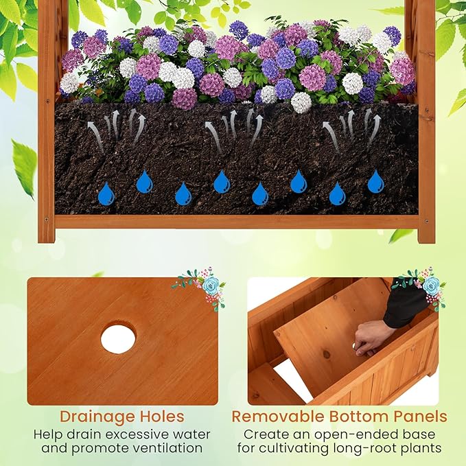 HAPPYGRILL Raised Garden Bed with Trellis, Wooden Elevated Planter Box w/Ached Roof & Detachable Bottom Panels, Liner, Drainage, Indoor Outdoor Wood Planter for Climbing Plants Vine Flower (2)