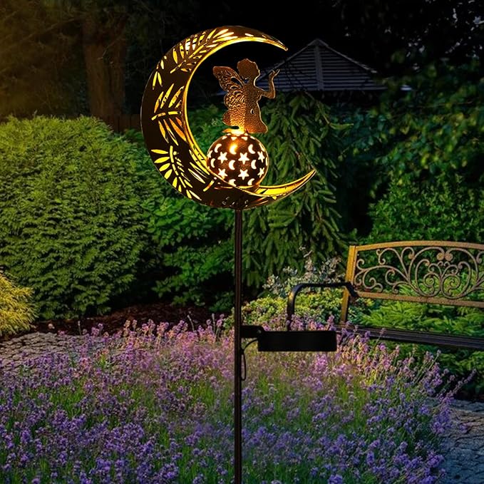 ZKLiLi Garden Solar Lights Pathway Stake Lights Moon Fairy with Angel Decor, Gardening Birthday Gift for Mom Grandma Friends, Outdoor Decor Light Waterproof for Walkway, Yard, Patio