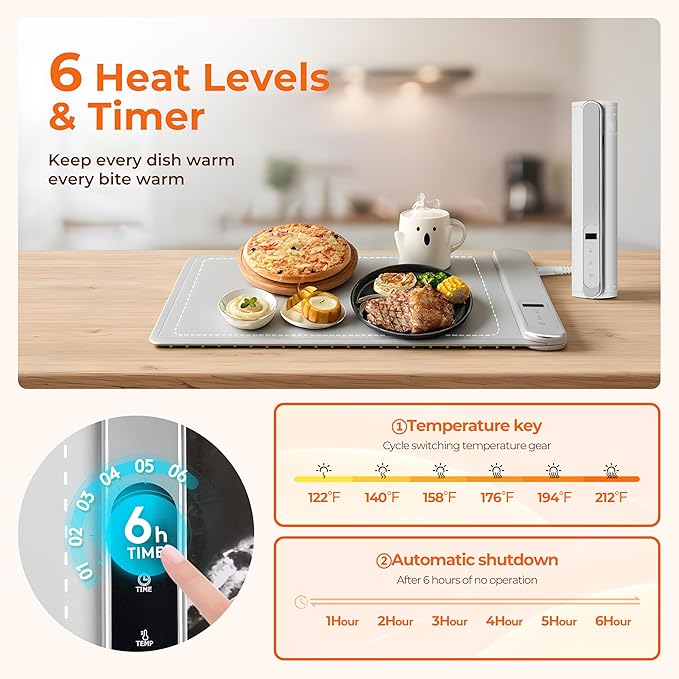 Warming Mat for Food Small Warming Tray with 6 Temp & 6H Timer, 300W Full Surface Heating, Waterproof Foldable Hot Plate for Countertop, Apartment/Dorm Use, New Light Gray