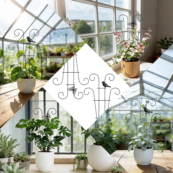 4 Pcs Metal Trellis for Potted Plants Indoor, 14.6 inch Small Garden Trellis with Bird for Climbing Plants Outdoor, Stackable Pothos Plant Climber Support for Hoya Vine Ivy Flower Plant Support