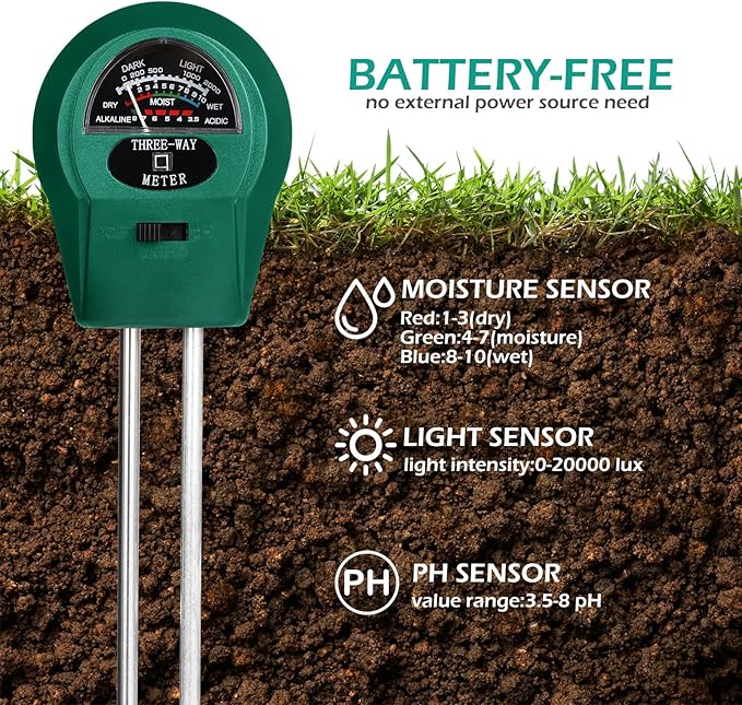 Soil Moisture 3-in-1, Soil Moisture/Light/pH Tester, No Battery Needed Soil Tester Gardening Tool for Indoor and Outdoor