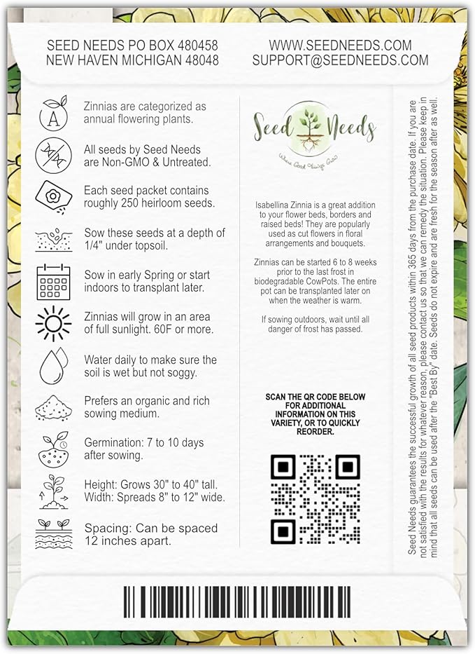 Seed Needs, Yellow Isabellina Zinnia Seeds - 250 Heirloom Seeds for Planting Zinnia elegans - Annual Cut Flowers to Grow in a Butterfly Garden Outdoors (1 Pack)