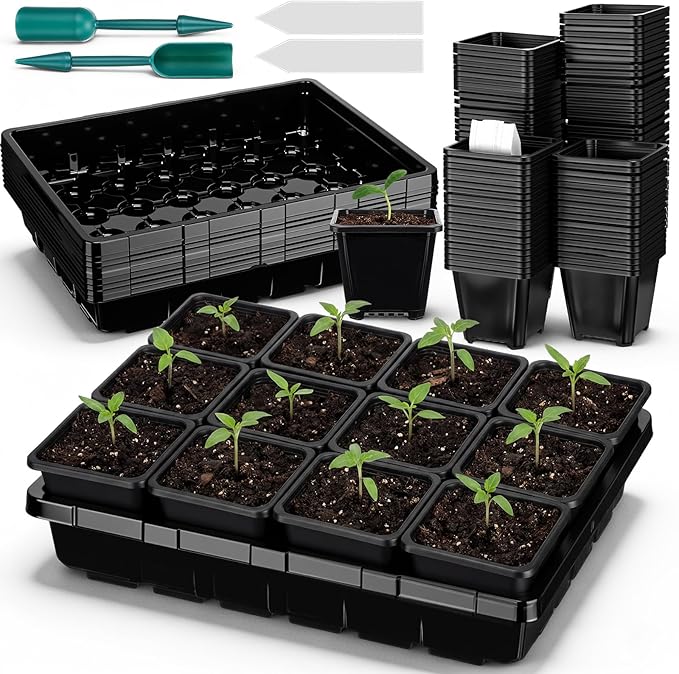 Nuenen Seed Starter Tray 6 Pcs, 3.5 Inch Square Nursery Pots 72 Pcs, Seed Starting Pot with Drainage, Seedling Trays, Microgreenings Plant Propagation Germination Tray, 6 Set