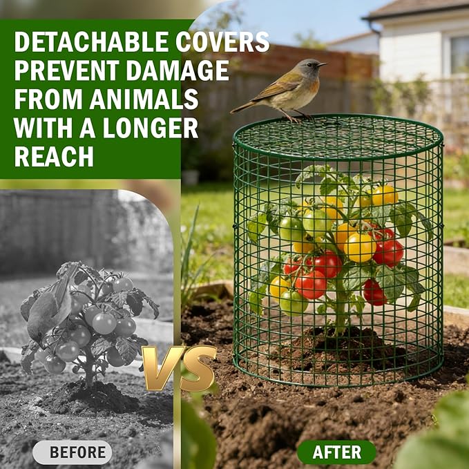 6 Pack Plant Protectors from Animals with Cover, 12" x 12" Round Metal Wire Garden Plant Cages to Keep Animals Out, Rabbit Proof Protection for Vegetables & Flowers with Stakes, Zip Ties & Gloves