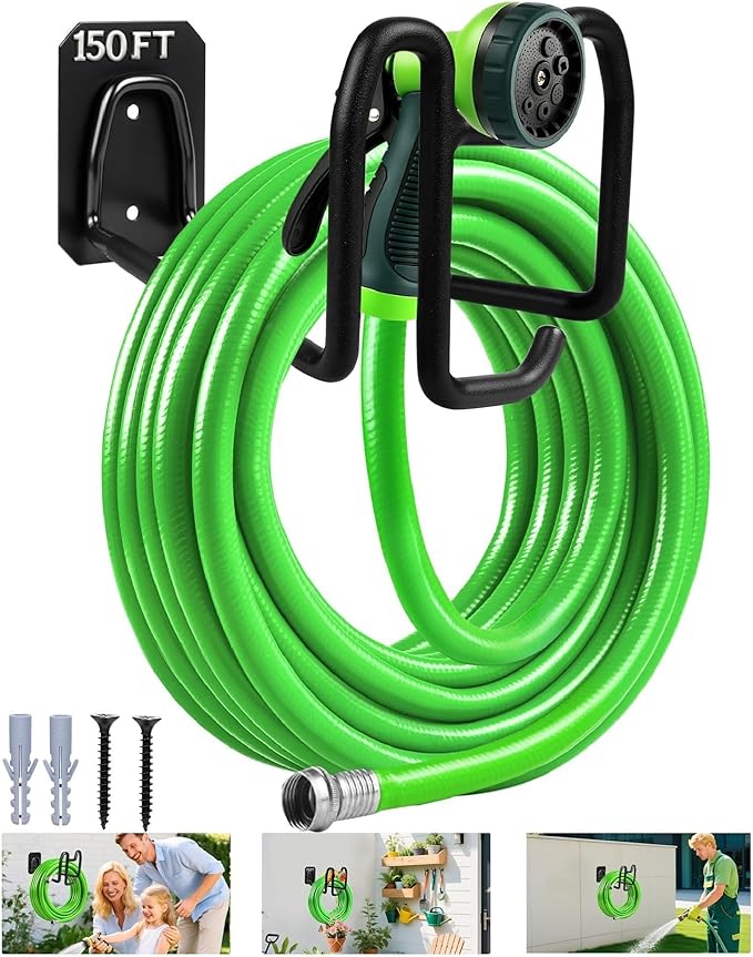 Garden Hose Holder Wall Mount - Metal Hose Hanger with Hook Heavy Duty Garden Hose Reel Sturdy Water Hose Holders for Outside Yard Lawn Storage
