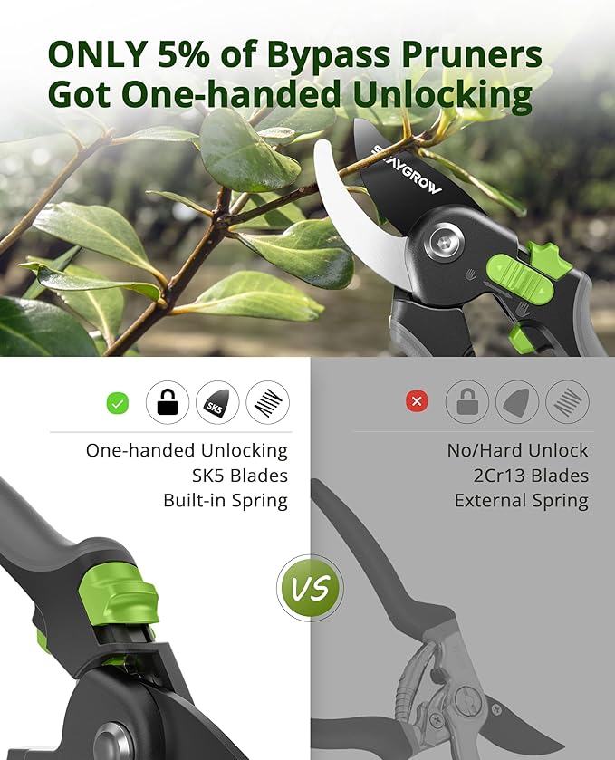 Pruning Shears for Gardening,8.5" SK5 Garden Shears Cuts 10000+ Times Staying Sharp, Garden Scissors with One-handed Unlocking&Adjustable Handle, Garden Clippers Gardening Tools for Men Women