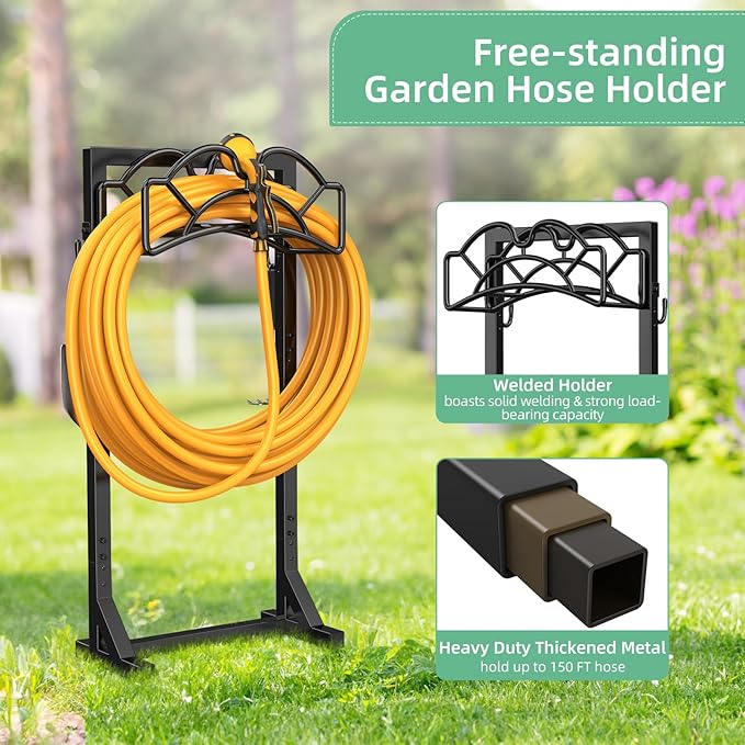 Garden Hose Holder Reel, Upgraded Metal Hose Reels Holds 150ft Hose, Heavy Duty Freestanding Water Hose Holders, Detachable Hose Storage Hanger for Outside - Fan-Shaped