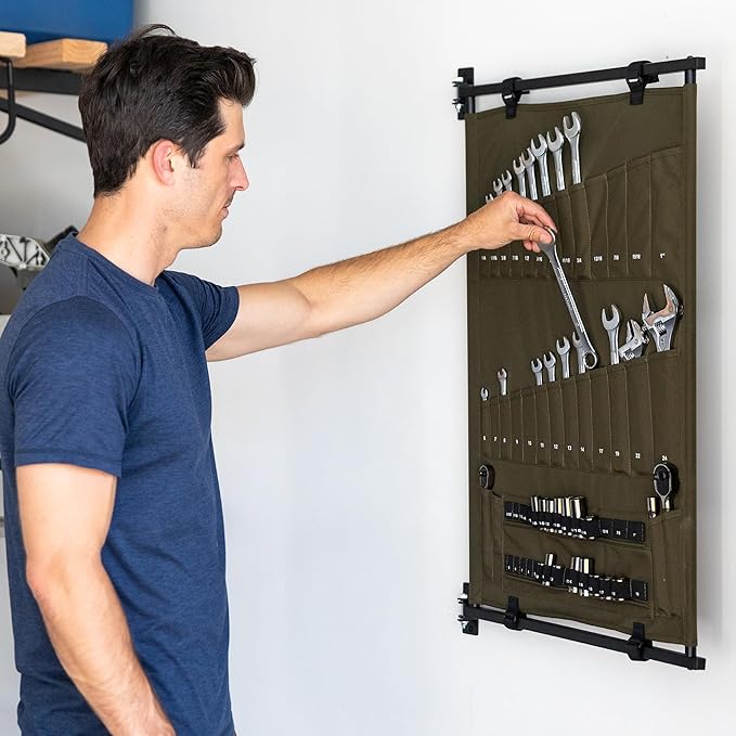 StoreYourBoard Pivot Panel Tool Storage, Swivel Workshop Organizer for Wrenches, Screwdrivers, & Sockets, Metric & Imperial Labeled Slots (High Pine Green)