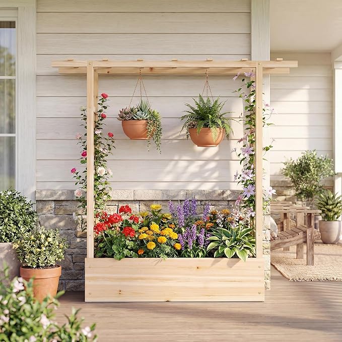Raised Garden Bed with Trellis, Wood Planter Box w/Trellis, Hanging Roof, Drainage Holes, Freestanding Planter Raised Bed for Outdoor Climbing Plants Flowers, Patio Yard Balcony (2, Natural)