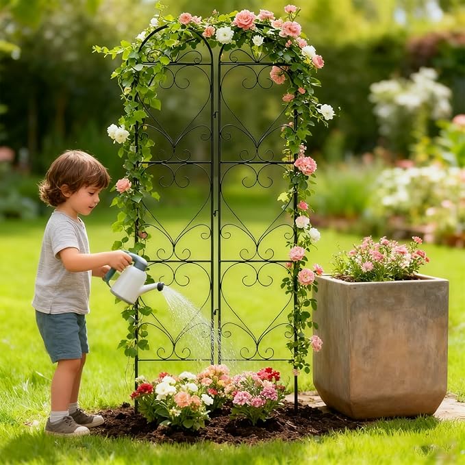 2PCS Metal Garden Trellis for Climbing Plants Outdoor, Heavy-Duty Cucumber Tomato Trellis for Raised Garden Bed, Decorative Wrought Iron Trellis Arch for Wedding Party Decor