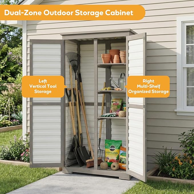 PetsCosset Outdoor Storage Cabinet with Shelves, Wood & Plastic Garden Shed, Weatherproof Outside Tool Cabinet for Patio, Backyard, Pool