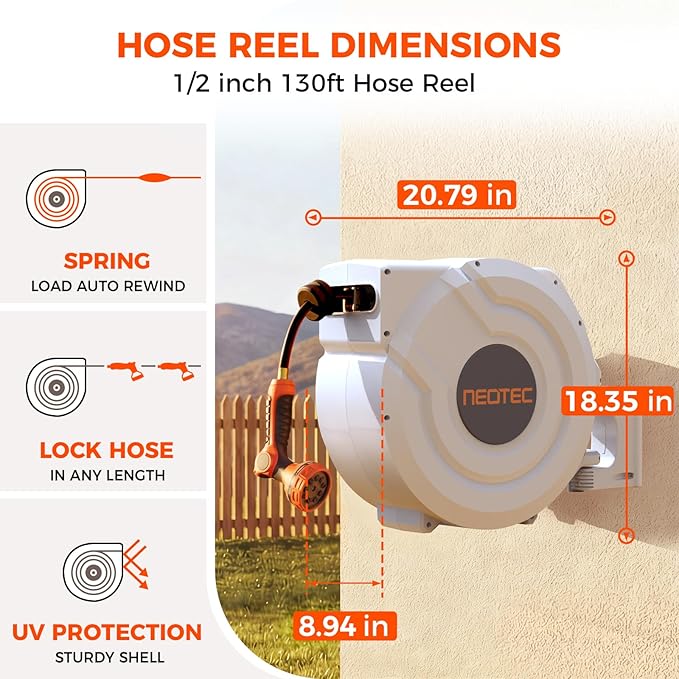 Upgraded Retractable Garden Hose Reel 1/2 inch x 130 ft Any Length Lock 9 Pattern Nozzle Wall-Mounted Automatic Slow Return 180° Swivel UV Resistant Heavy Duty Hose Reels for Outside