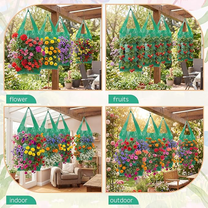 30 Pack Hanging Strawberry Planter and Flower Grow Bags with 9 Holes, Large 21" Fence Planter Pouches, Upside-down Garden Bags for Flowers, Strawberries, Tomatoes, 3.5-5kg Weight Capacity, BPA-Free