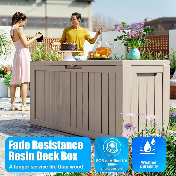 Vixzen 80 Gallon Resin Deck Box, Lockable Outdoor Storage Box for Patio Cushions Storage Furniture,Garden Tools, Pool Supplies, Weatherproof and UV Resistant（Grey，80 Gallon）