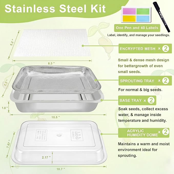 Stainless Steel Sprouts Growing Kit 2-Tier 10.4 inch Trays with Acrylic lid, Microgreens Growing Kit, Seed Sprouting Tray with Encrypted Mesh Sprouts for Beans Alfalfa