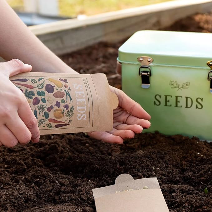 1Canoe2 Tin Seed Organizer Storage Box, Garden Seed Packet Vault Container, Gardening Supplies, Greenhouse Accessories, Gardening Gifts for Women (Green)
