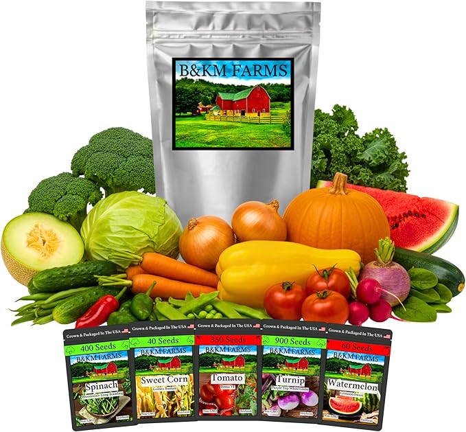 B&KM Farms 50,000+ Heirloom Seed Kit – 50 Varieties of Non-GMO Vegetable, Fruit & Herb Seeds for Home Gardening – High Germination, Hand-Packed, Weather-Resistant Packaging