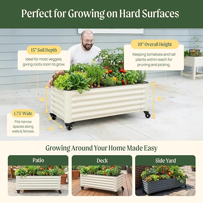 Vego garden Classic Rolling Garden Bed – 1.75' Mobile Metal Raised Garden Bed for Patio, Deck, Balcony – Deep Planting Space, Durable & Easy to Move (Modern Gray, 1.75'X6')