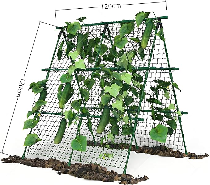 4ft x 4ft Green Metal a-Frame Cucumber Trellis for Climbing Plants – Foldable Garden Support for Cucumbers, Tomatoes, Peas, Beans & Vines with Netting – Fits Raised Beds