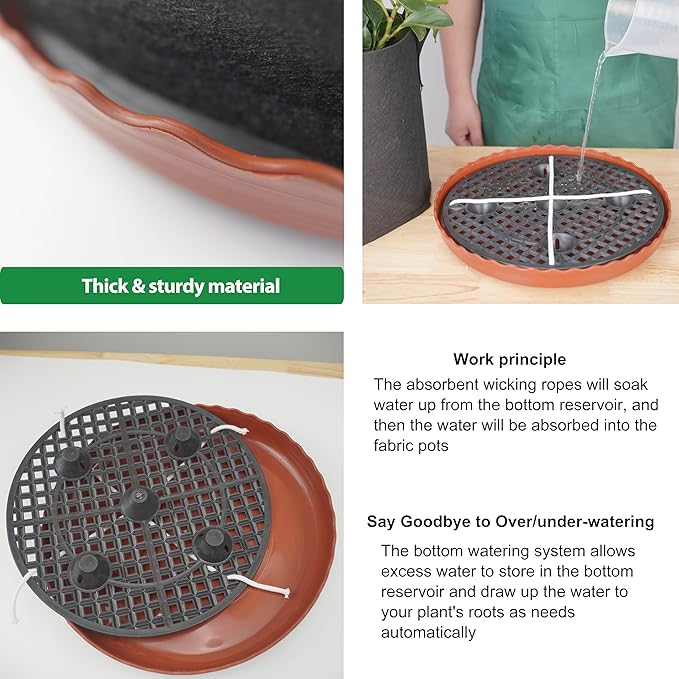 4 Pack 12.6 inch Self Watering Base for 1-5 Gallon Fabric Pot, Automatic Watering Tray System for Non-woven Grow Bag, Plastic Elevated Plant Flower Saucer Stand Growth Tent Greenhouse Indoor Outdoor