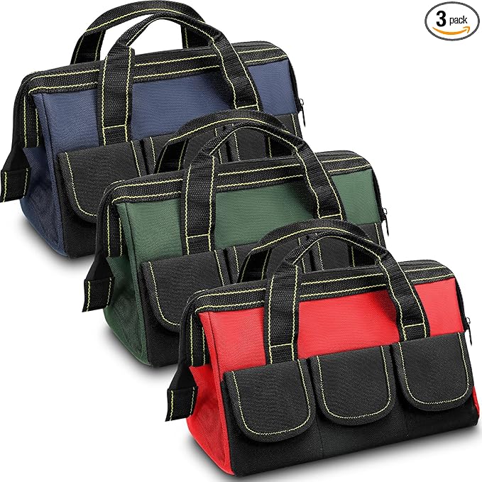 Sanwuta 3 Pack Tool Bag for Men with Waterproof Hard Bottom, Heavy Duty Tool Bag Wide Mouth Tote for Various Instrument, Electrician Carpenter Mechanic(Red, Army Green, Blue,18 Inch,Classic)