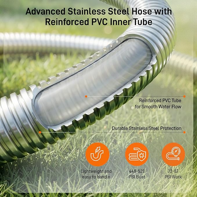 Garden Hose, 100ft 5/8" Stainless Steel Water Hose w/ 10-Mode Spray Nozzle, On/Off Valve, 523 PSI Burst, Anti-Kink, Lightweight All-Weather Flexible, Leakproof 3/4" Brass Male to Female Fittings