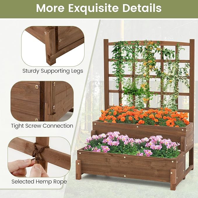 2-Tier Raised Garden Bed with Trellis, Wooden Elevated Planter Box with Legs, Hemp Rope & Drainage Holes, Raised Plant Bed for Backyard, Garden, Lawn