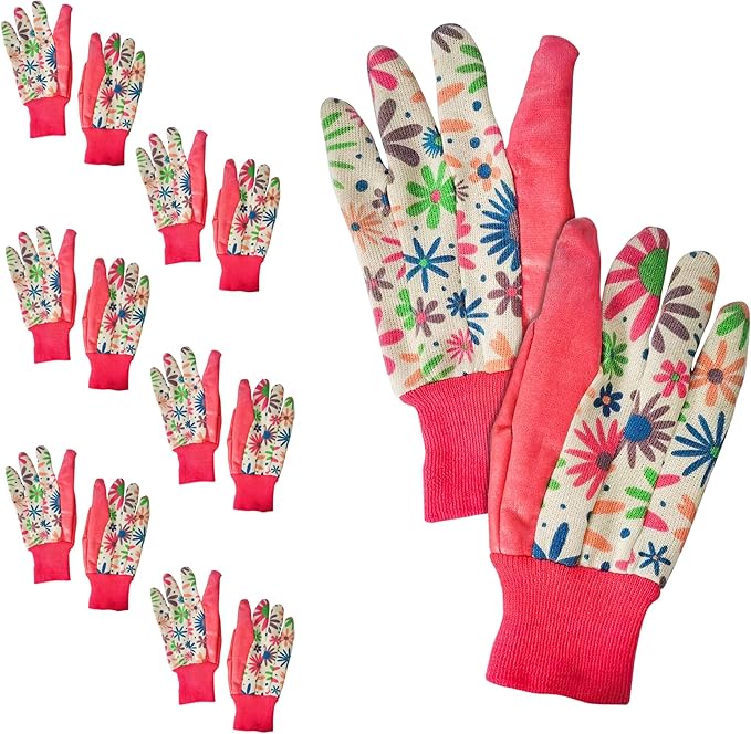 Red Garden Gloves for Women Medium Size, Work Gloves Women Style Pack of 12 (6 Pairs), Polyester and Cotton Gardening Glove, Non-Slip Yard Work Glovs