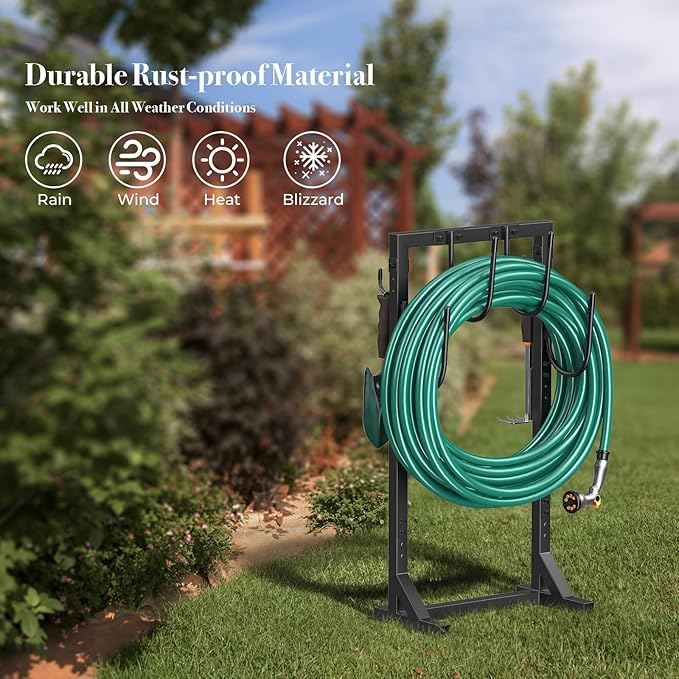 Winpull Garden Hose Holder, Metal Freestanding Hose Stand with 4 Spikes, Holds up to 150FT Hose, Sturdy Hose Reel Alternative, Heavy Duty Hose Storage for Outside Yard Lawn