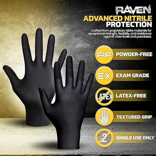 SAS 10 Pack 66519 Raven 7 mil Black Nitrile Disposable Gloves - X-Large (100 Gloves per Box)
