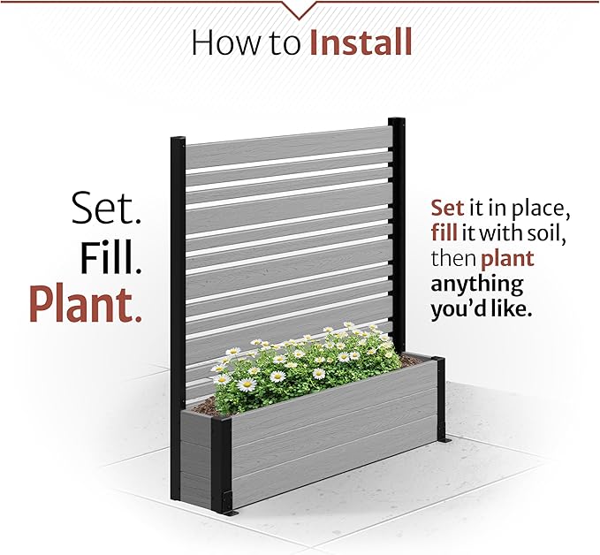 44in H x 46in W x 9.5in L (1 Screen w/Planter) Freestanding Enclo Florence Privacy Fence Screen with Planter Box, Outdoor Vinyl Privacy Screen Panel for Patio & Air Conditioner, EC18007