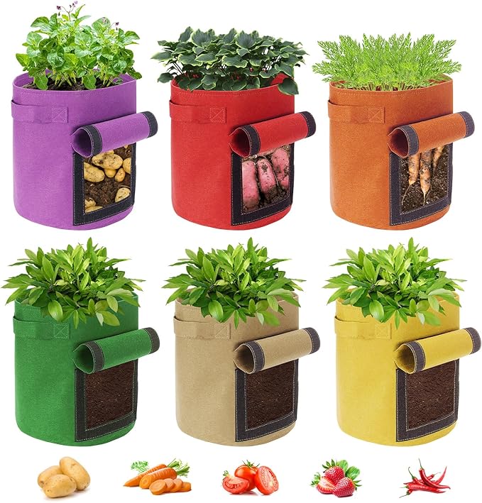 6 Pack 7 Gallon Potato Grow Bags With Flap and Handle, Garden Planting Bag, Nonwoven Fabric Vegetables Growing Bags for Tomato Carrot Onion